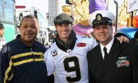 100209-N-0000X-002
NEW ORLEANS (Feb. 9, 2010) New Orleans Saints quarterback Drew Brees poses for a photo with Federal employee Joe Serals, left, and Senior Chief Interior Communications Specialist Perry Muller before the start of the New Orleans Saints Parade. The Navy Recruiting District New Orleans parade float was selected as one of 13 floats to participate in the New Orleans Saints Parade, honoring the Saints for their victory in Super Bowl XLIV. The Float is modeled after USS Constitution, the oldest commissioned naval vessel afloat in the world. (U.S. Navy photo/Released)