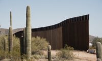 Border Wall between USA and Mexico, here under construction south of Ajo, Arizona.
