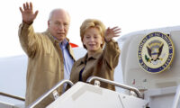 The Vice President of the United States of America, Richard B. Cheney and his wife Lynne V. Cheney, wave goodbye after visiting Ramstein Air Base, Germany,, on Dec. 6, 2004.  
(U.S. Air Force Photo by Airman 1st Class Steve Czyz) (Released)