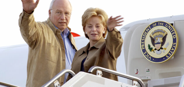 The Vice President of the United States of America, Richard B. Cheney and his wife Lynne V. Cheney, wave goodbye after visiting Ramstein Air Base, Germany,, on Dec. 6, 2004.  
(U.S. Air Force Photo by Airman 1st Class Steve Czyz) (Released)